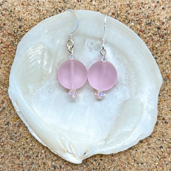 Sea Glass Earrings Pink Handmade Circle - Picture 3 of 3